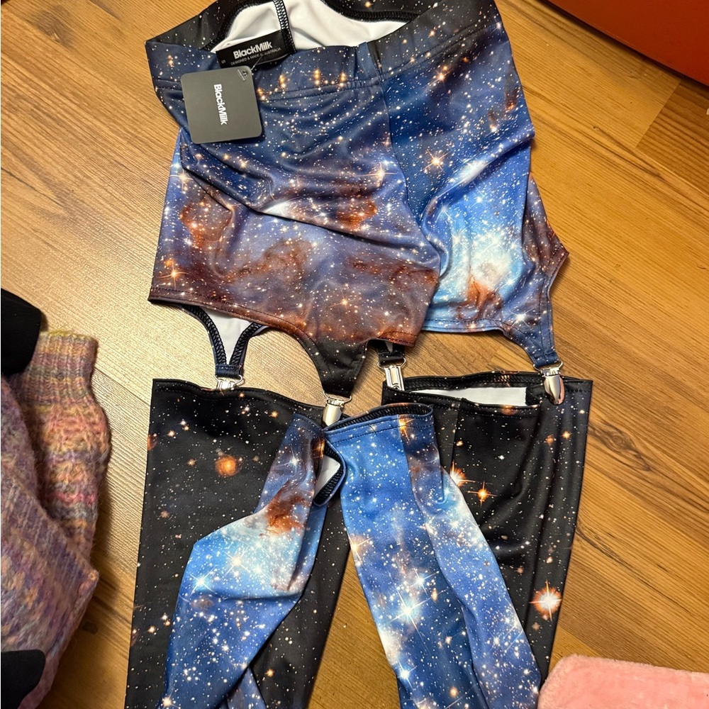 Black milk blue galaxy suspender leggings M